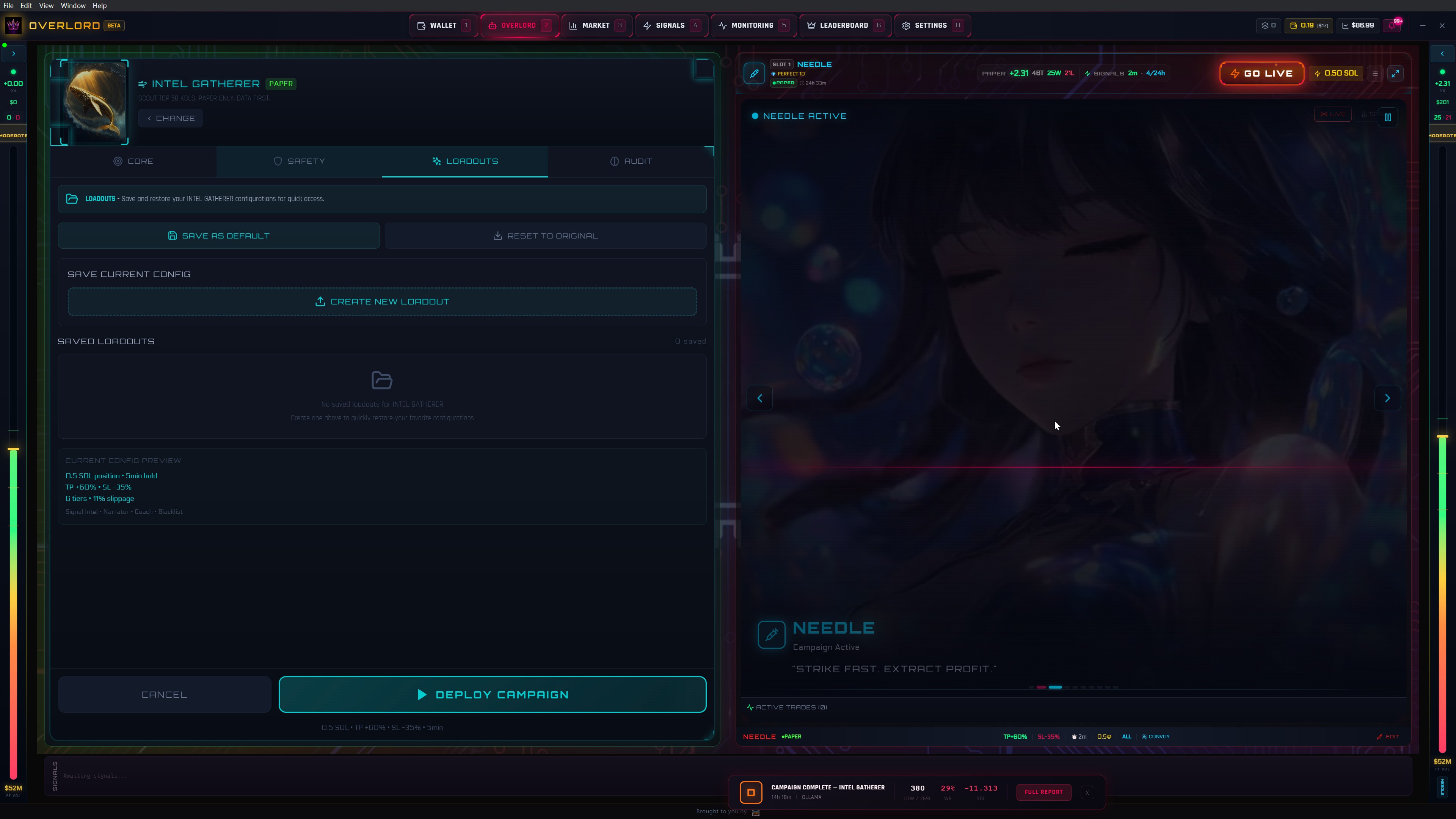 Loadouts tab with save/restore configurations, config preview, and DEPLOY CAMPAIGN button