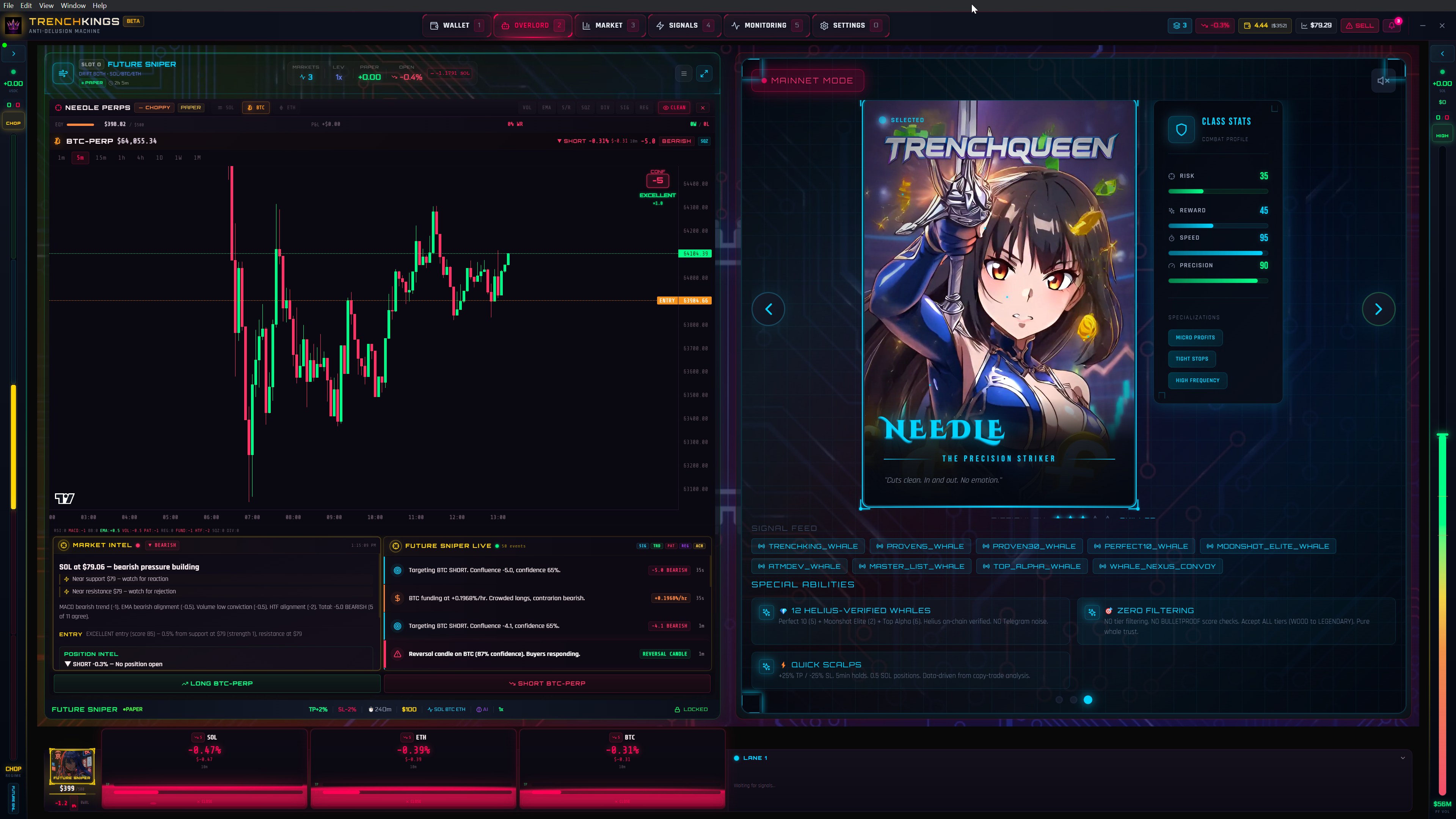 Overlord Command Center with BTC-PERP chart, TRENCHQUEEN archetype selector, class stats, whale bucket signal feed, and 3 active perp positions